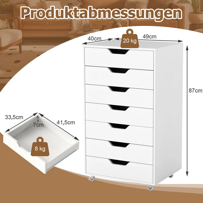 COSTWAY Rollcontainer mit 7 Schubladen, mobiler Aktenschrank mit Rädern, Bürocontainer Schubladenschrank Rollschrank Rollwagen, Schubladenkommode für Zuhause Büro (Weiß)