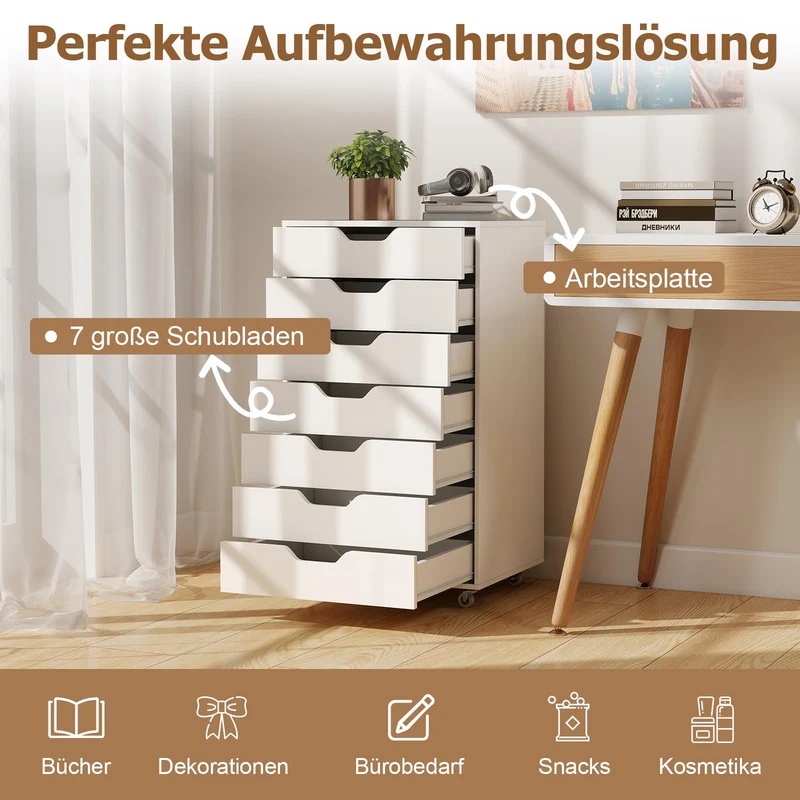 COSTWAY Rollcontainer mit 7 Schubladen, mobiler Aktenschrank mit Rädern, Bürocontainer Schubladenschrank Rollschrank Rollwagen, Schubladenkommode für Zuhause Büro (Weiß)