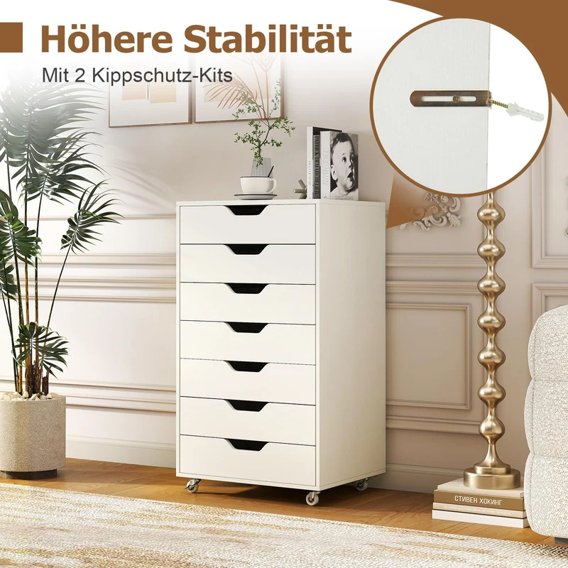 COSTWAY Rollcontainer mit 7 Schubladen, mobiler Aktenschrank mit Rädern, Bürocontainer Schubladenschrank Rollschrank Rollwagen, Schubladenkommode für Zuhause Büro (Weiß)
