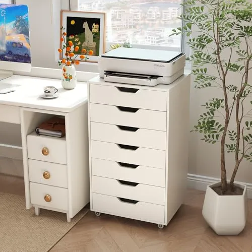 COSTWAY Rollcontainer mit 7 Schubladen, mobiler Aktenschrank mit Rädern, Bürocontainer Schubladenschrank Rollschrank Rollwagen, Schubladenkommode für Zuhause Büro (Weiß)