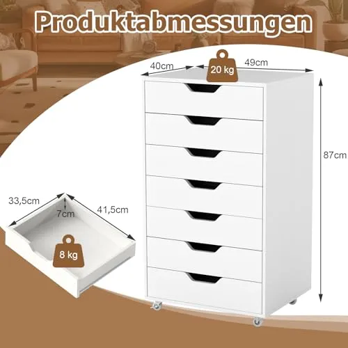 COSTWAY Rollcontainer mit 7 Schubladen, mobiler Aktenschrank mit Rädern, Bürocontainer Schubladenschrank Rollschrank Rollwagen, Schubladenkommode für Zuhause Büro (Weiß)