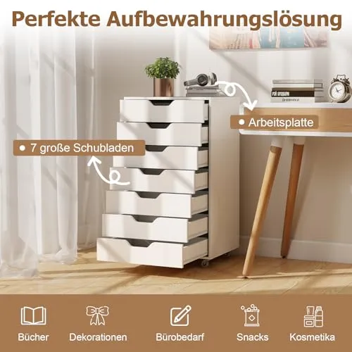 COSTWAY Rollcontainer mit 7 Schubladen, mobiler Aktenschrank mit Rädern, Bürocontainer Schubladenschrank Rollschrank Rollwagen, Schubladenkommode für Zuhause Büro (Weiß)