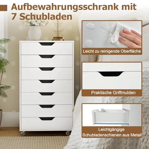 COSTWAY Rollcontainer mit 7 Schubladen, mobiler Aktenschrank mit Rädern, Bürocontainer Schubladenschrank Rollschrank Rollwagen, Schubladenkommode für Zuhause Büro (Weiß)