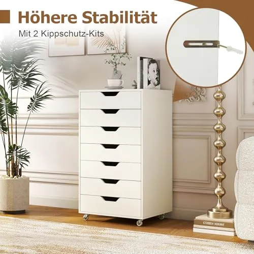 COSTWAY Rollcontainer mit 7 Schubladen, mobiler Aktenschrank mit Rädern, Bürocontainer Schubladenschrank Rollschrank Rollwagen, Schubladenkommode für Zuhause Büro (Weiß)