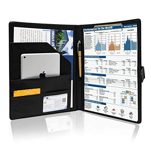GraduatePro Schreibmappe A4 Konferenzmappe Arbeitsmappe Aktenmappe Dokumentenmappe A4 Leder mit Magnet Verschluss & Klemmbrett Schwarz