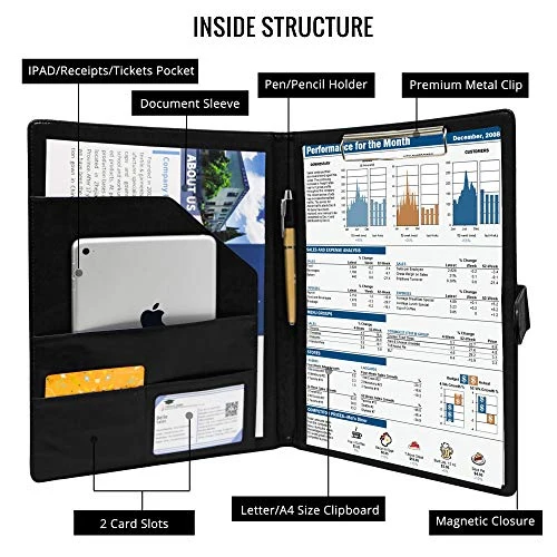 GraduatePro Schreibmappe A4 Konferenzmappe Arbeitsmappe Aktenmappe Dokumentenmappe A4 Leder mit Magnet Verschluss & Klemmbrett Schwarz