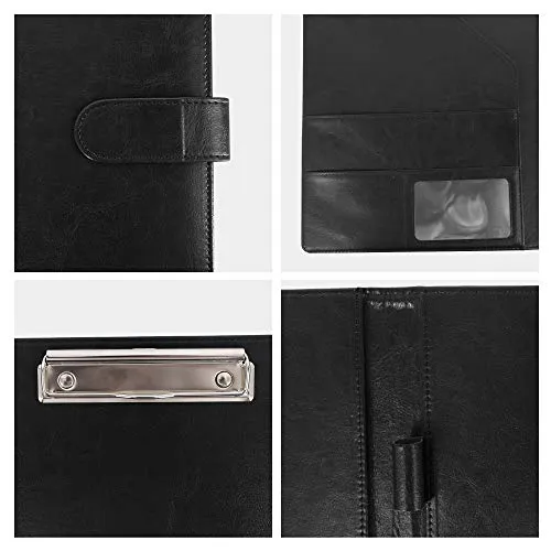 GraduatePro Schreibmappe A4 Konferenzmappe Arbeitsmappe Aktenmappe Dokumentenmappe A4 Leder mit Magnet Verschluss & Klemmbrett Schwarz