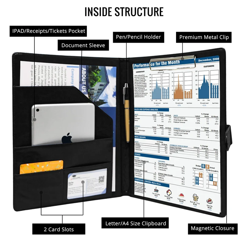GraduatePro Schreibmappe A4 Konferenzmappe Arbeitsmappe Aktenmappe Dokumentenmappe A4 Leder mit Magnet Verschluss & Klemmbrett Schwarz