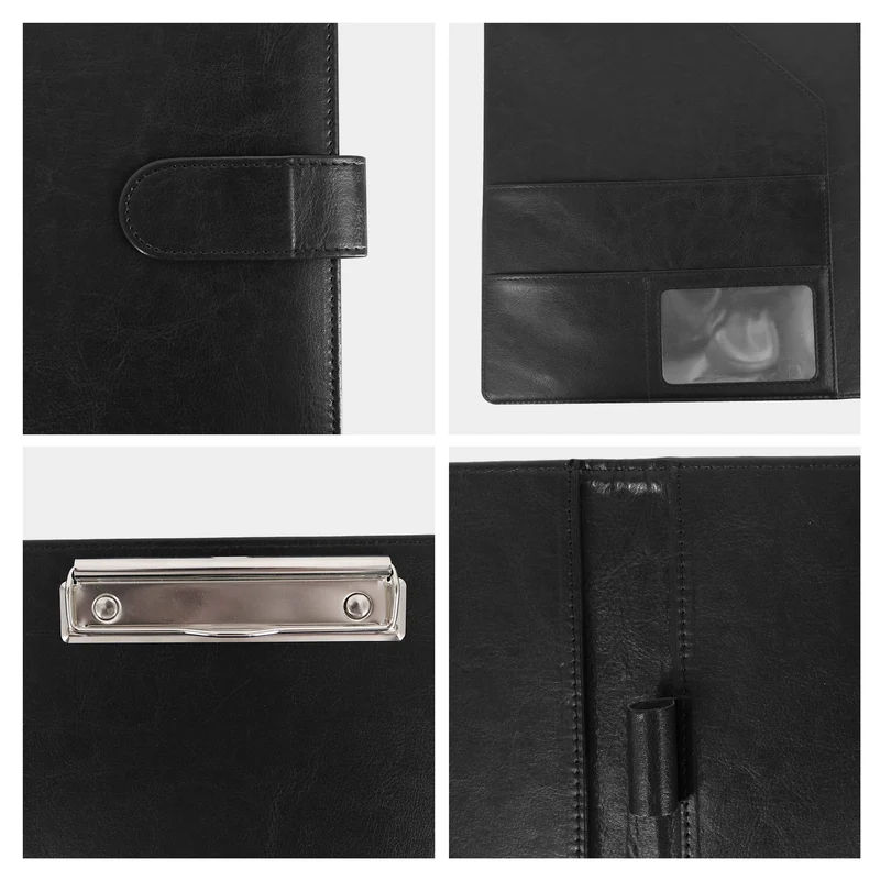 GraduatePro Schreibmappe A4 Konferenzmappe Arbeitsmappe Aktenmappe Dokumentenmappe A4 Leder mit Magnet Verschluss & Klemmbrett Schwarz