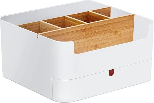 Premium Qualität Schreibtisch Organizer Stiftehalter Büro, Office, Desk Organizer weiß, Multifunktionaler Bambus Stifte Organizer mit 6 Fächern und 1 Schublade Anti-Rutsch AUCH für Kinder
