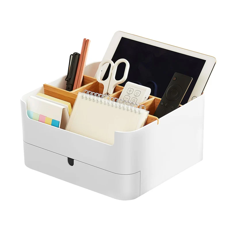 Premium Qualität Schreibtisch Organizer Stiftehalter Büro, Office, Desk Organizer weiß, Multifunktionaler Bambus Stifte Organizer mit 6 Fächern und 1 Schublade Anti-Rutsch AUCH für Kinder