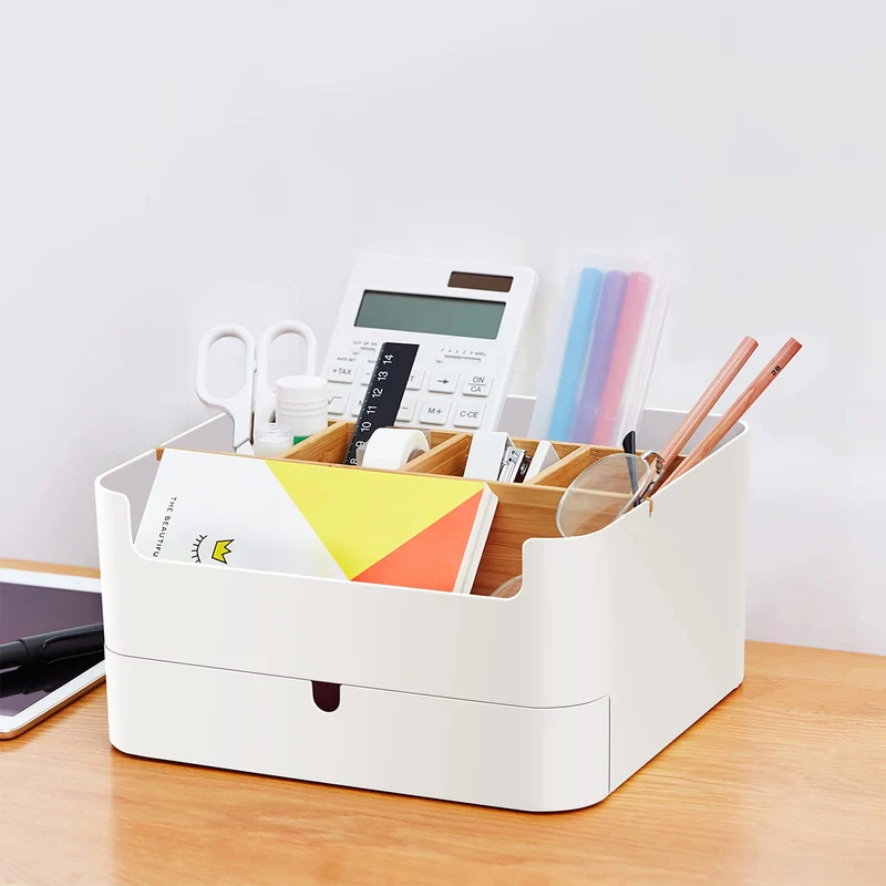 Premium Qualität Schreibtisch Organizer Stiftehalter Büro, Office, Desk Organizer weiß, Multifunktionaler Bambus Stifte Organizer mit 6 Fächern und 1 Schublade Anti-Rutsch AUCH für Kinder