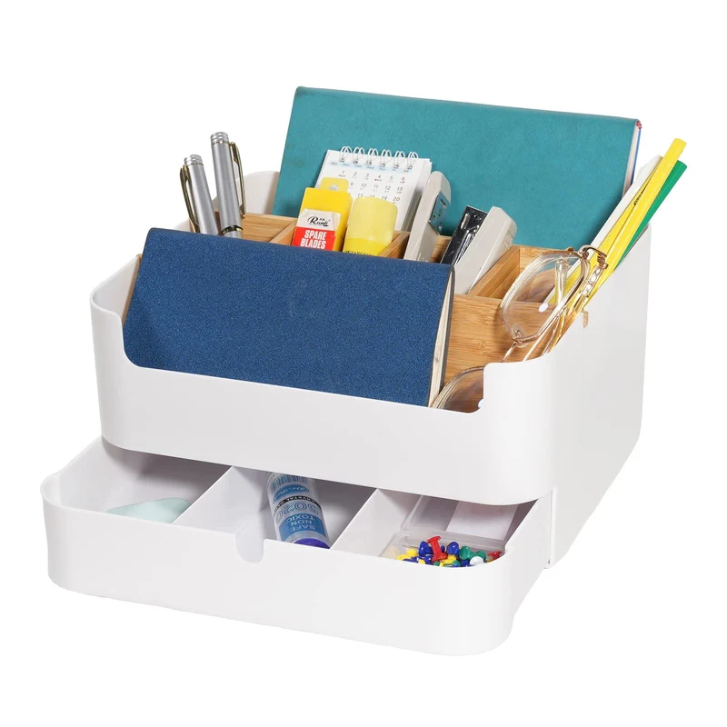 Premium Qualität Schreibtisch Organizer Stiftehalter Büro, Office, Desk Organizer weiß, Multifunktionaler Bambus Stifte Organizer mit 6 Fächern und 1 Schublade Anti-Rutsch AUCH für Kinder