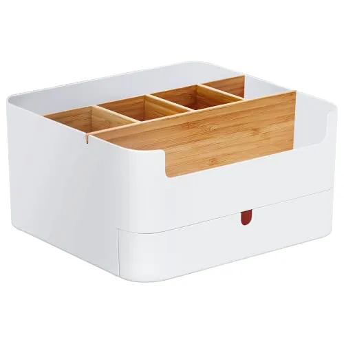 Premium Qualität Schreibtisch Organizer Stiftehalter Büro, Office, Desk Organizer weiß, Multifunktionaler Bambus Stifte Organizer mit 6 Fächern und 1 Schublade Anti-Rutsch AUCH für Kinder