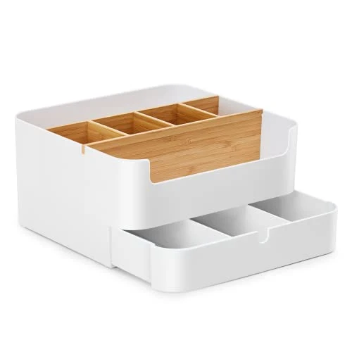 Premium Qualität Schreibtisch Organizer Stiftehalter Büro, Office, Desk Organizer weiß, Multifunktionaler Bambus Stifte Organizer mit 6 Fächern und 1 Schublade Anti-Rutsch AUCH für Kinder