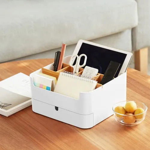 Premium Qualität Schreibtisch Organizer Stiftehalter Büro, Office, Desk Organizer weiß, Multifunktionaler Bambus Stifte Organizer mit 6 Fächern und 1 Schublade Anti-Rutsch AUCH für Kinder