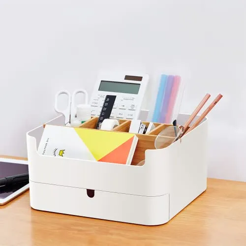 Premium Qualität Schreibtisch Organizer Stiftehalter Büro, Office, Desk Organizer weiß, Multifunktionaler Bambus Stifte Organizer mit 6 Fächern und 1 Schublade Anti-Rutsch AUCH für Kinder