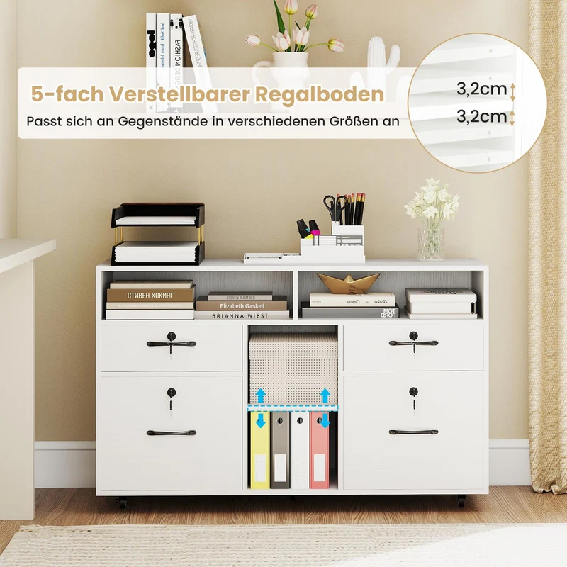 COSTWAY Rollcontainer mit 4 Schubladen, mobiler Aktenschrank abschließbar mit verstellbarem Regal & offenen Fächern, Büroschrank für Schreibtisch, Druckerständer für Zuhause, Büro (Weiß)