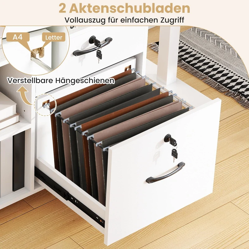 COSTWAY Rollcontainer mit 4 Schubladen, mobiler Aktenschrank abschließbar mit verstellbarem Regal & offenen Fächern, Büroschrank für Schreibtisch, Druckerständer für Zuhause, Büro (Weiß)