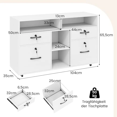 COSTWAY Rollcontainer mit 4 Schubladen, mobiler Aktenschrank abschließbar mit verstellbarem Regal & offenen Fächern, Büroschrank für Schreibtisch, Druckerständer für Zuhause, Büro (Weiß)