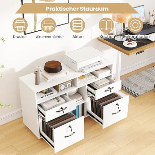 COSTWAY Rollcontainer mit 4 Schubladen, mobiler Aktenschrank abschließbar mit verstellbarem Regal & offenen Fächern, Büroschrank für Schreibtisch, Druckerständer für Zuhause, Büro (Weiß)