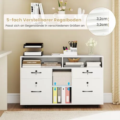 COSTWAY Rollcontainer mit 4 Schubladen, mobiler Aktenschrank abschließbar mit verstellbarem Regal & offenen Fächern, Büroschrank für Schreibtisch, Druckerständer für Zuhause, Büro (Weiß)