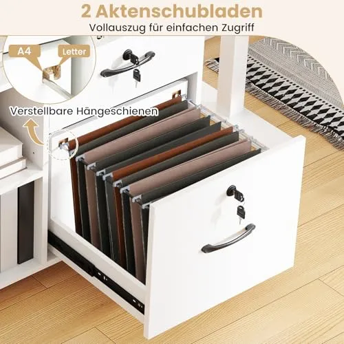 COSTWAY Rollcontainer mit 4 Schubladen, mobiler Aktenschrank abschließbar mit verstellbarem Regal & offenen Fächern, Büroschrank für Schreibtisch, Druckerständer für Zuhause, Büro (Weiß)