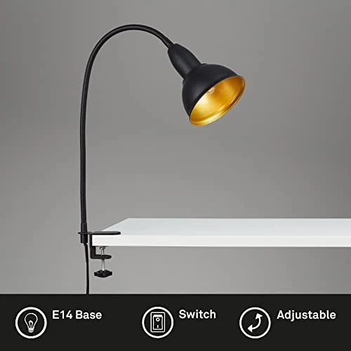 BRILONER - Retro Klemmleuchte, Leselampe inkl. Flexarm, inkl. An- Ausschalter, Schwenkbar, 1x E14, max. 25 Watt, Bürolampe, Schlafzimmerlampe, Kinderzimmer, Leseleuchte, Metall, Schwarz-Gold
