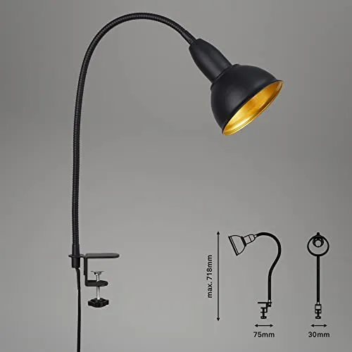BRILONER - Retro Klemmleuchte, Leselampe inkl. Flexarm, inkl. An- Ausschalter, Schwenkbar, 1x E14, max. 25 Watt, Bürolampe, Schlafzimmerlampe, Kinderzimmer, Leseleuchte, Metall, Schwarz-Gold