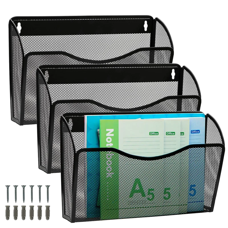 ESYLIFE 3 Taschen Zeitschriftenhalter Wand Metall Dokumenten Organizer Papier A4 Flyerhalter Postsortierer für Büro Zuhause Schule, Schwarz