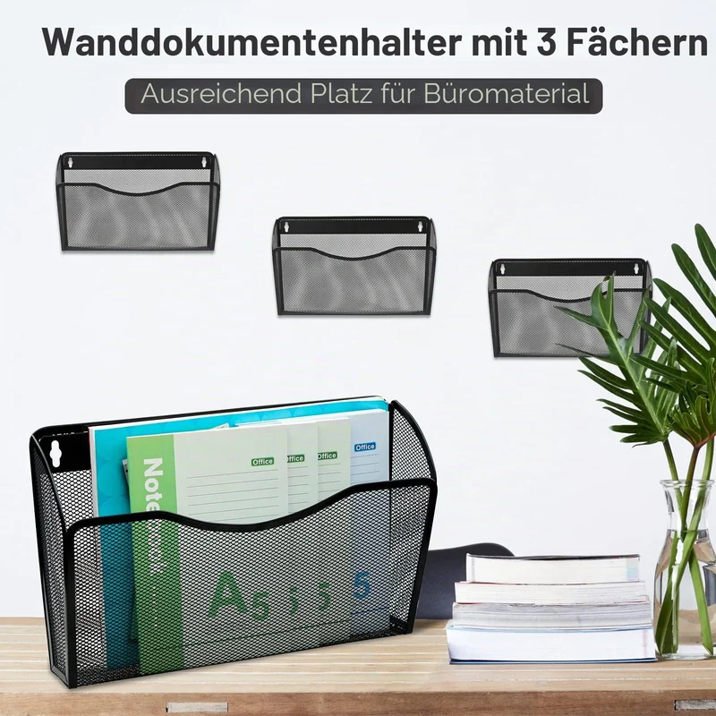 ESYLIFE 3 Taschen Zeitschriftenhalter Wand Metall Dokumenten Organizer Papier A4 Flyerhalter Postsortierer für Büro Zuhause Schule, Schwarz