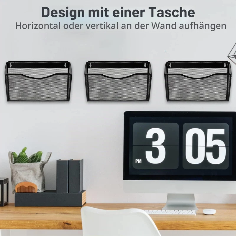 ESYLIFE 3 Taschen Zeitschriftenhalter Wand Metall Dokumenten Organizer Papier A4 Flyerhalter Postsortierer für Büro Zuhause Schule, Schwarz