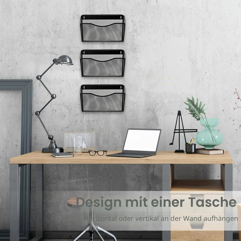 ESYLIFE 3 Taschen Zeitschriftenhalter Wand Metall Dokumenten Organizer Papier A4 Flyerhalter Postsortierer für Büro Zuhause Schule, Schwarz