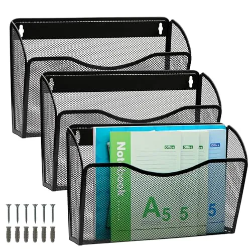 ESYLIFE 3 Taschen Zeitschriftenhalter Wand Metall Dokumenten Organizer Papier A4 Flyerhalter Postsortierer für Büro Zuhause Schule, Schwarz