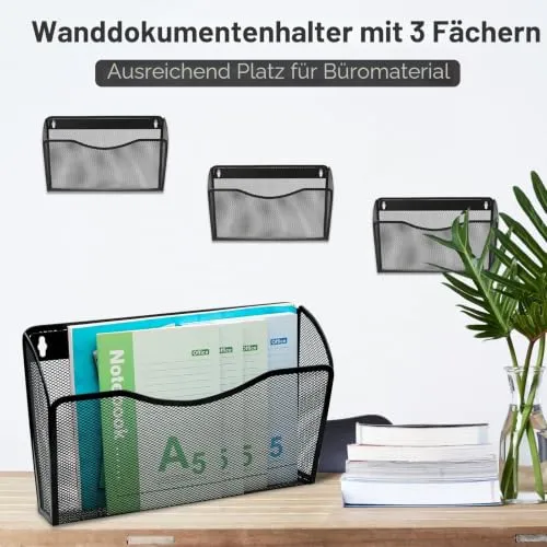 ESYLIFE 3 Taschen Zeitschriftenhalter Wand Metall Dokumenten Organizer Papier A4 Flyerhalter Postsortierer für Büro Zuhause Schule, Schwarz