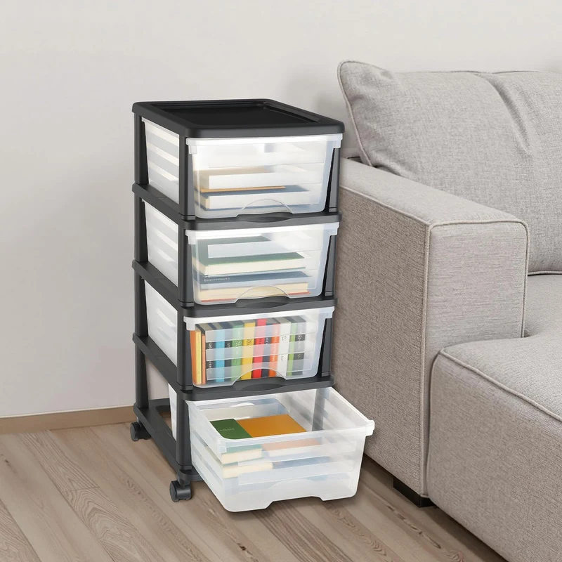 VEVOR Schubladenwagen Schubladenschrank mit 4 Schubladen (17 L/per), rollbarer Schubladen-Container Schubladenbox mit durchsichtigen Behältern für Bürobedarf Bastelräume Klassenzimmer
