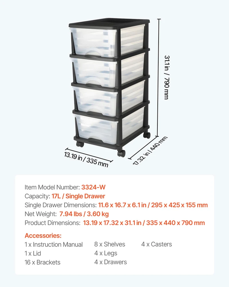 VEVOR Schubladenwagen Schubladenschrank mit 4 Schubladen (17 L/per), rollbarer Schubladen-Container Schubladenbox mit durchsichtigen Behältern für Bürobedarf Bastelräume Klassenzimmer
