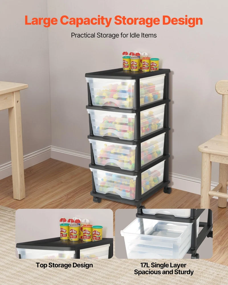 VEVOR Schubladenwagen Schubladenschrank mit 4 Schubladen (17 L/per), rollbarer Schubladen-Container Schubladenbox mit durchsichtigen Behältern für Bürobedarf Bastelräume Klassenzimmer