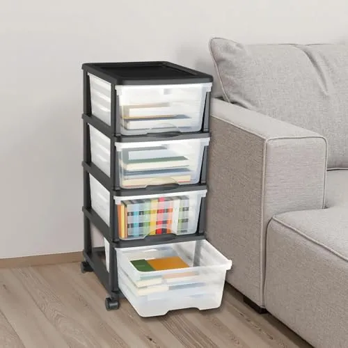 VEVOR Schubladenwagen Schubladenschrank mit 4 Schubladen (17 L/per), rollbarer Schubladen-Container Schubladenbox mit durchsichtigen Behältern für Bürobedarf Bastelräume Klassenzimmer