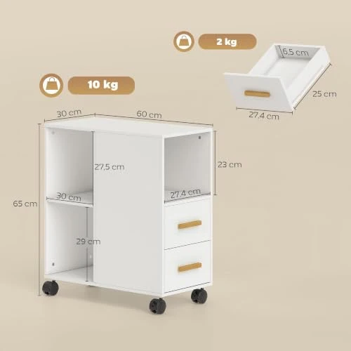 HOMCOM Druckerständer mit Verstellbar Ablage, Rollen 60 x 30 x 65 cm Weiß