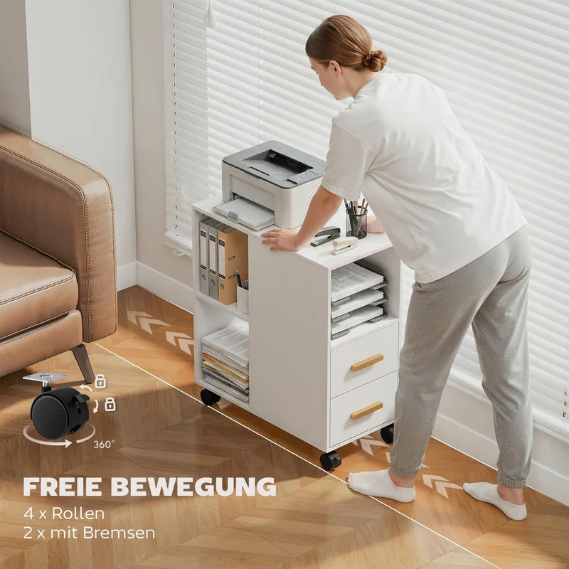 HOMCOM Druckerständer mit Verstellbar Ablage, Rollen 60 x 30 x 65 cm Weiß