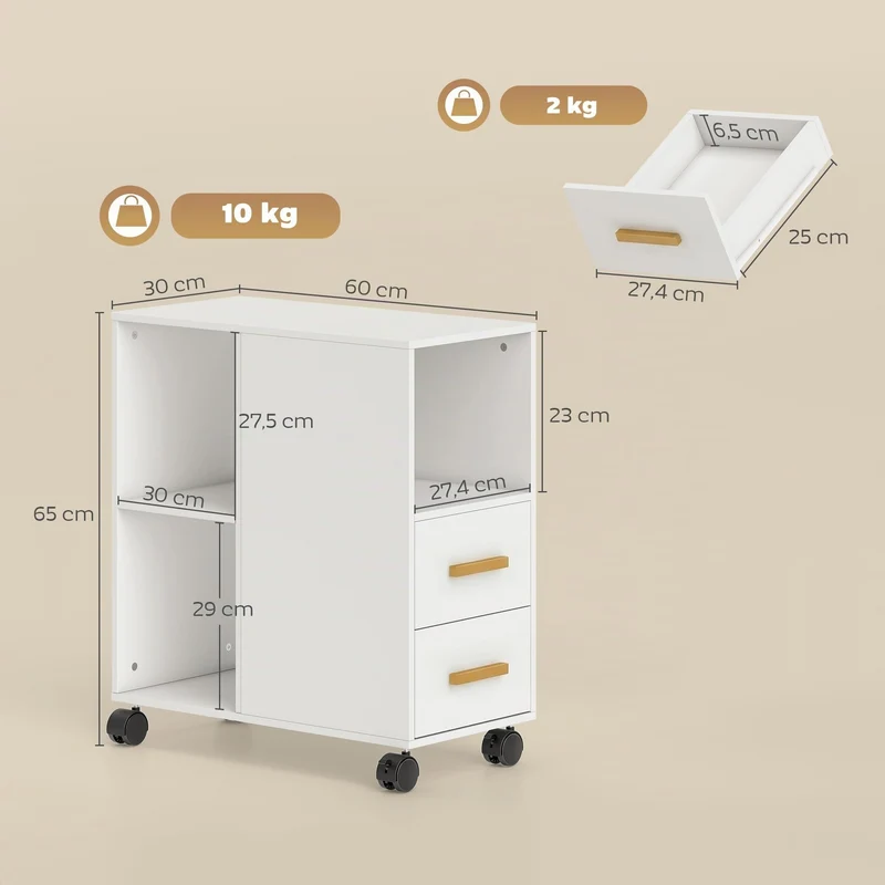 HOMCOM Druckerständer mit Verstellbar Ablage, Rollen 60 x 30 x 65 cm Weiß