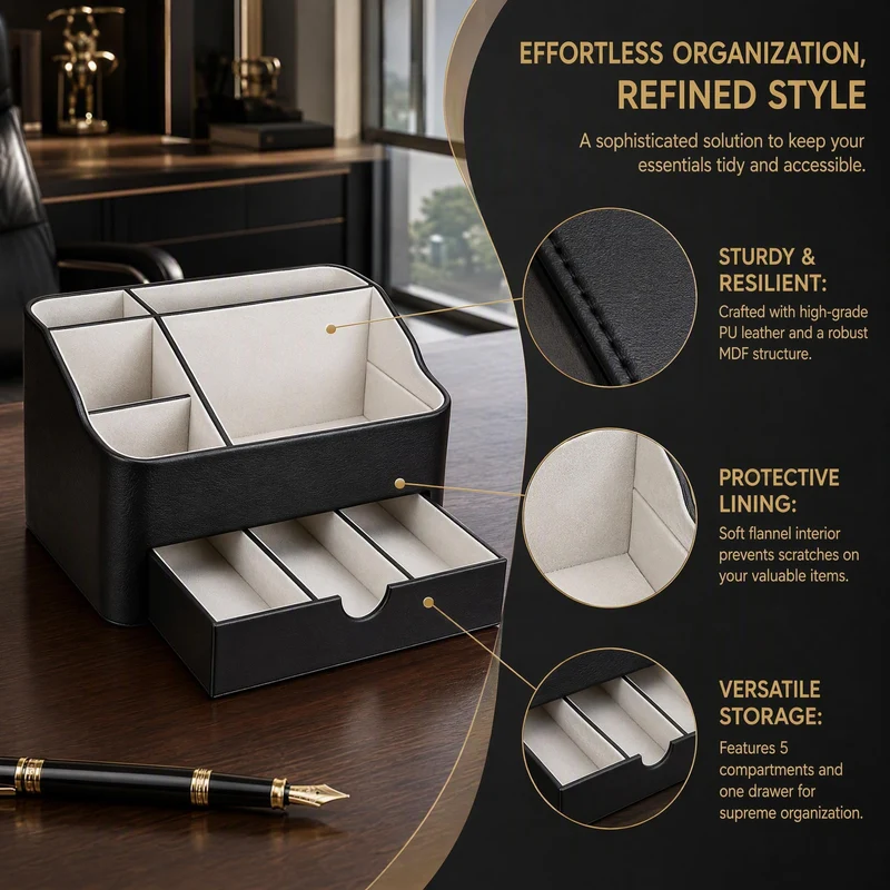 BADCRIS Schreibtisch Organizer mit Schublade & 5 Fächern PU Leder Schwarz