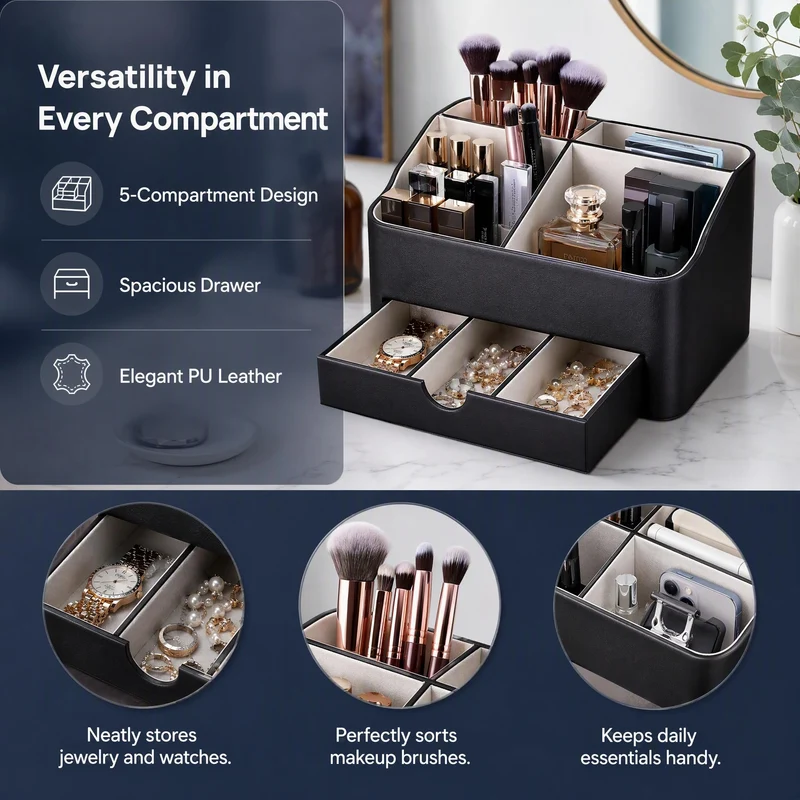 BADCRIS Schreibtisch Organizer mit Schublade & 5 Fächern PU Leder Schwarz