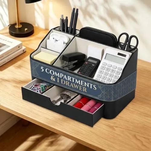BADCRIS Schreibtisch Organizer mit Schublade & 5 Fächern PU Leder Schwarz