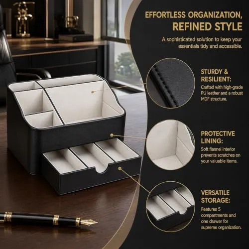 BADCRIS Schreibtisch Organizer mit Schublade & 5 Fächern PU Leder Schwarz