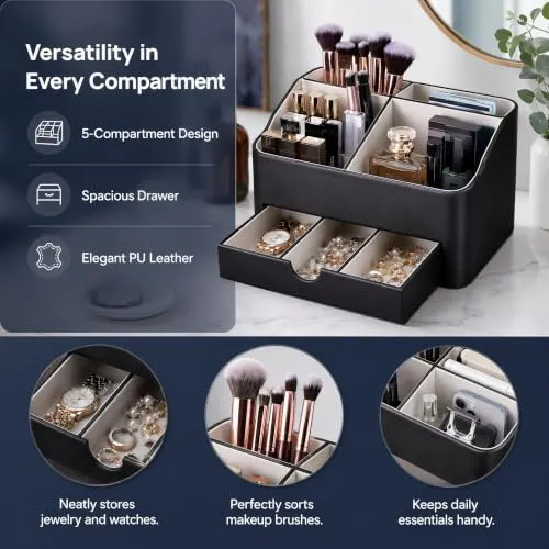 BADCRIS Schreibtisch Organizer mit Schublade & 5 Fächern PU Leder Schwarz