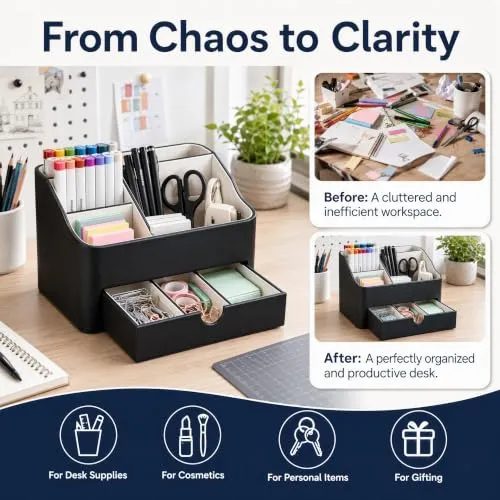 BADCRIS Schreibtisch Organizer mit Schublade & 5 Fächern PU Leder Schwarz