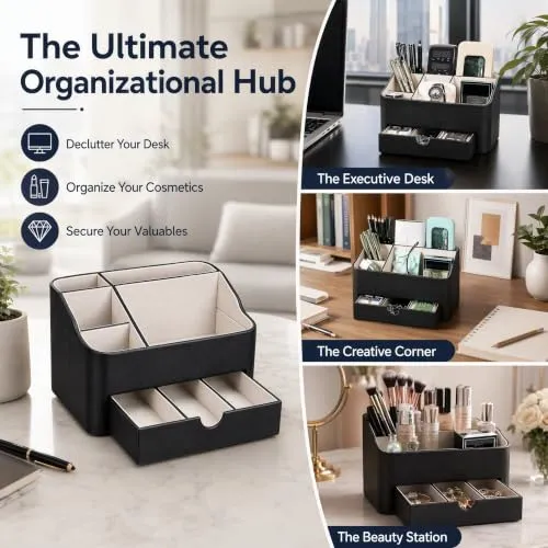 BADCRIS Schreibtisch Organizer mit Schublade & 5 Fächern PU Leder Schwarz