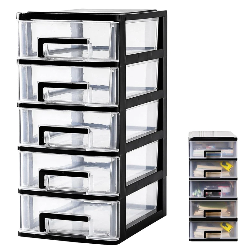 Schubladenschrank Kunststoff Büro, Datei Schrank Schublade, 5 Tier Aufbewahrungsbox mit Schubladenbox, Kosmetische Organizer, Stapelbar Kunststoff Schublade für Büro Schlafzimmer (1)